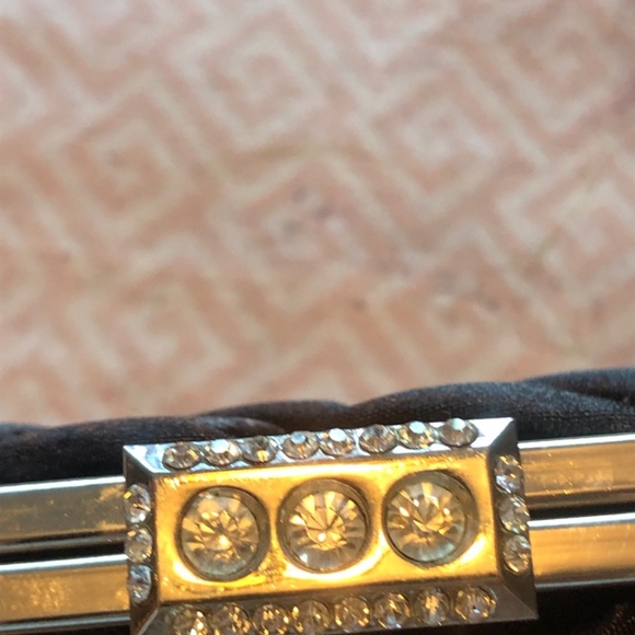 Black quilted like clutch, with metal snap closure, pearls, , chain and bling. - Picture 3 of 5